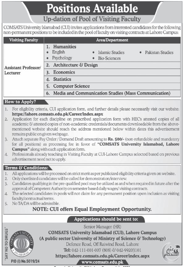 Comsats University Jobs 2025 For Assistant Professor/Lecturer