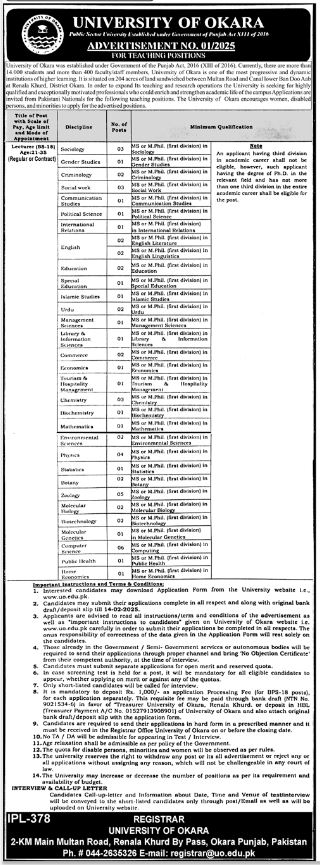 University Of Okara Jobs 2025 Online Application Form