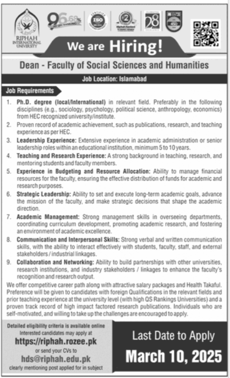 Riphah International University Islamabad Jobs 2025 – Apply Now