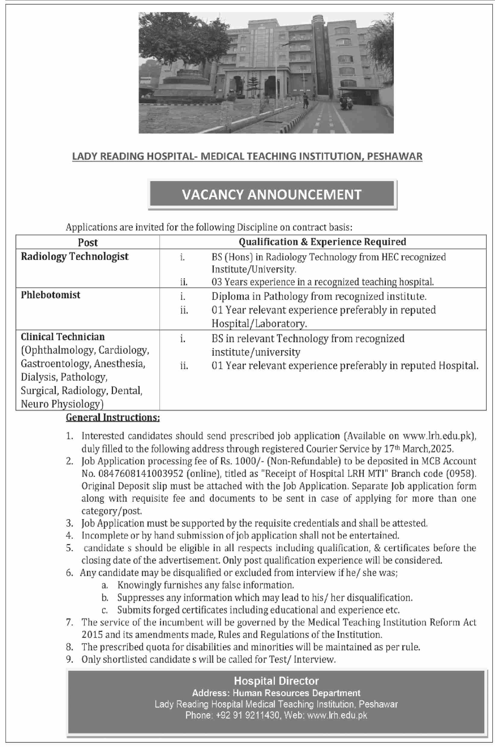 Lady Reading Hospital LRH Peshawar Jobs 2025 – Apply Now